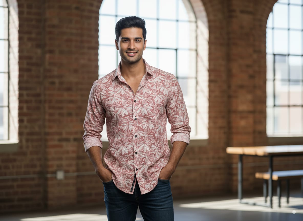 Men’s Casual Slim Fit Printed Cotton Shirt – Stylish Leaf Pattern | Full Sleeve