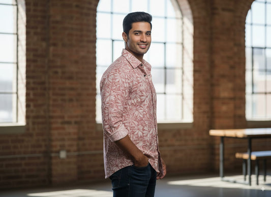 Men’s Casual Slim Fit Printed Cotton Shirt – Stylish Leaf Pattern | Full Sleeve