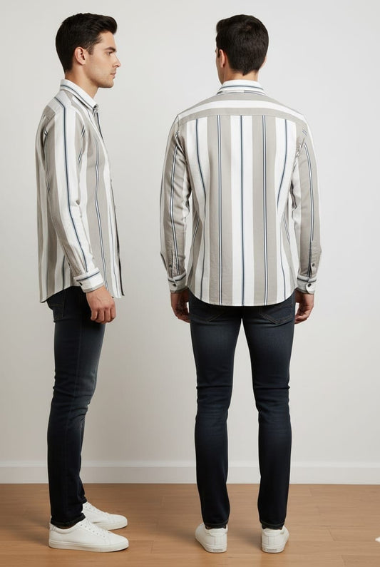 Men's Slim Fit Striped Cotton Shirt – Grey & White Vertical Stripes
