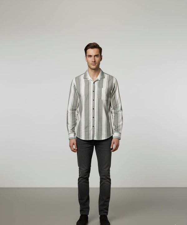 Men’s Stylish Slim Fit Vertical Striped Cotton Shirt – White & Grey