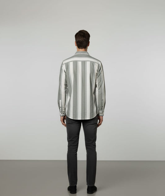 Men’s Stylish Slim Fit Vertical Striped Cotton Shirt – White & Grey