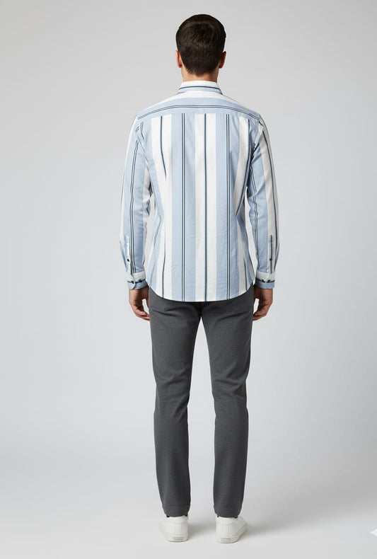 Men’s Stylish Blue & White Vertical Striped Casual Shirt – Full Sleeves