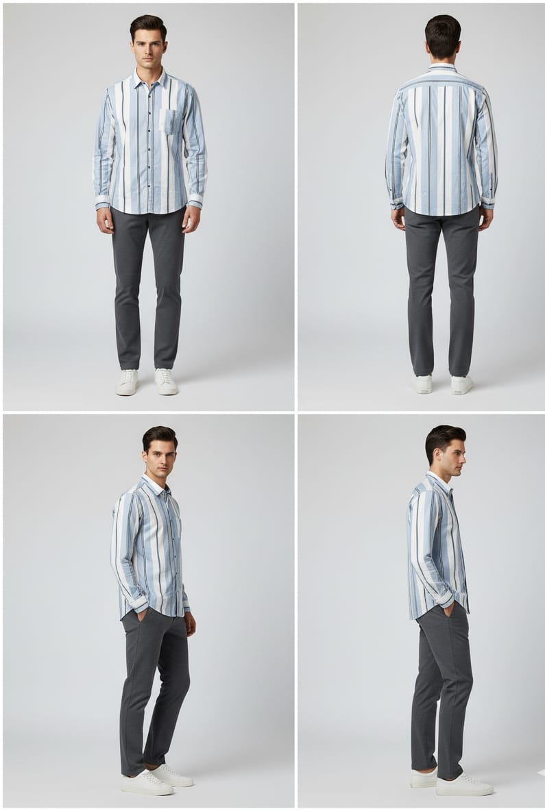 Men’s Stylish Blue & White Vertical Striped Casual Shirt – Full Sleeves