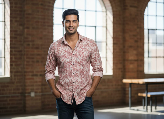 Men’s Casual Slim Fit Printed Cotton Shirt – Stylish Leaf Pattern | Full Sleeve