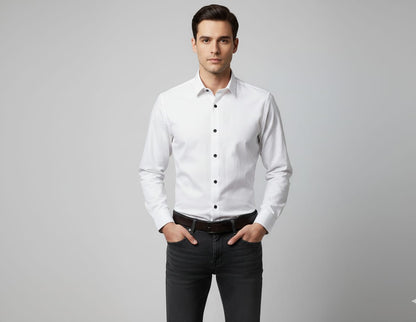Men’s Classic White Slim Fit Shirt with Black Button Detailing