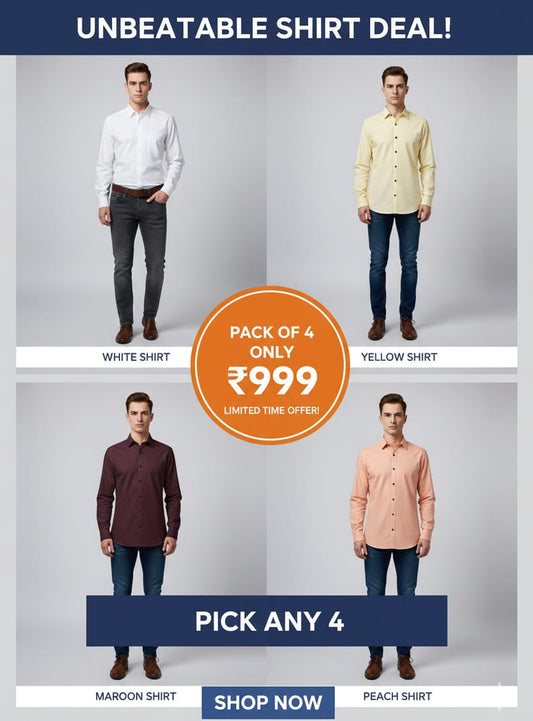 Men’s Stylish Cotton Shirts Combo Pack of 4 (White, Yellow, Maroon & Peach)