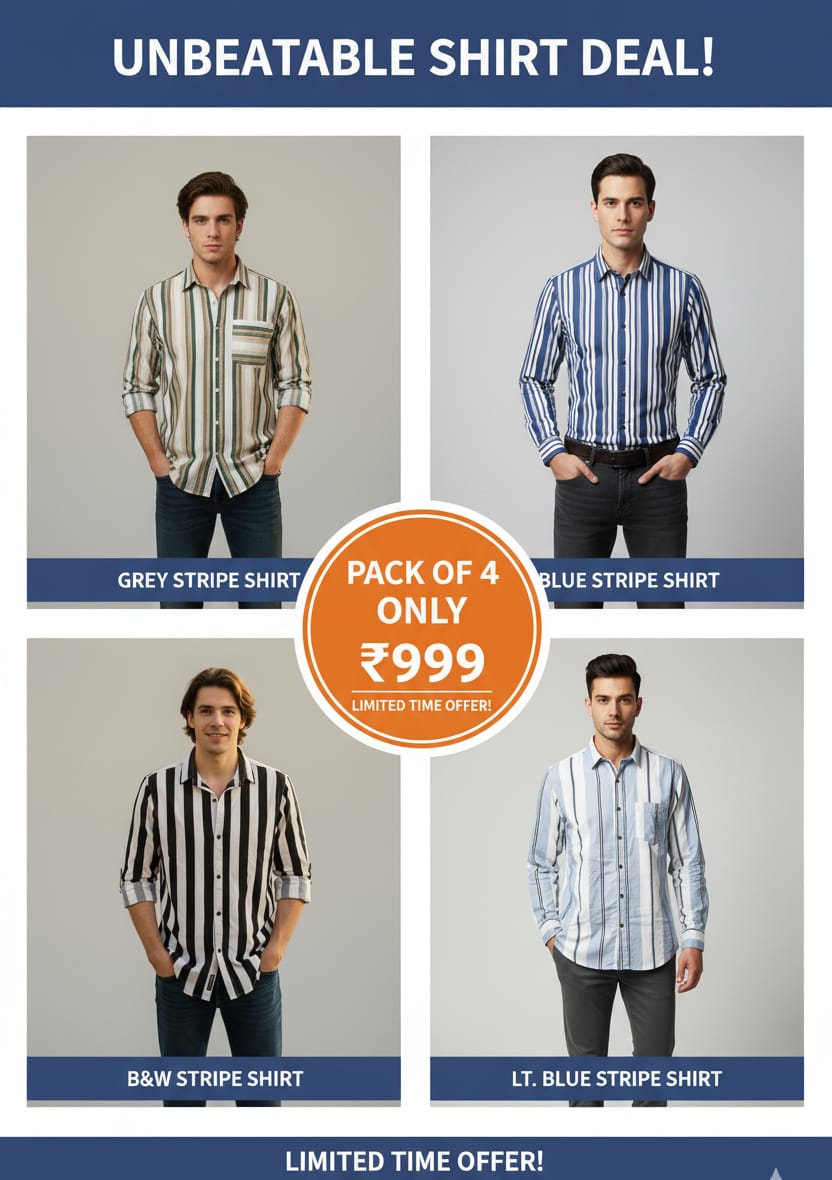 Men's Stylish Stripe Shirt Combo – Pack of 4 (Casual & Formal Wear)