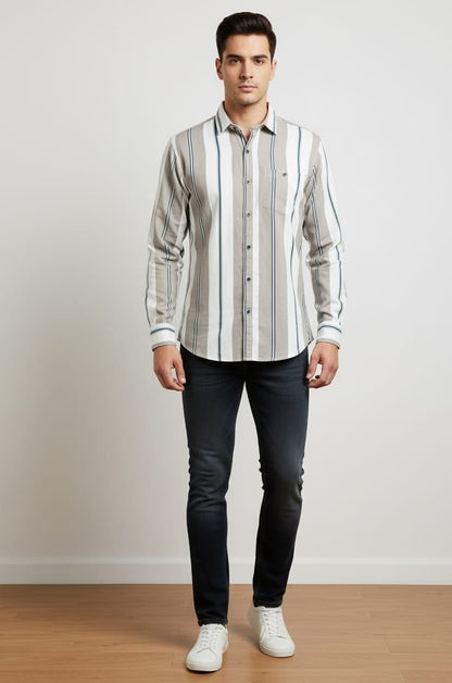 Men's Slim Fit Striped Cotton Shirt – Grey & White Vertical Stripes