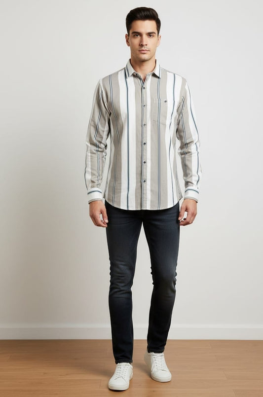 Men's Slim Fit Striped Cotton Shirt – Grey & White Vertical Stripes