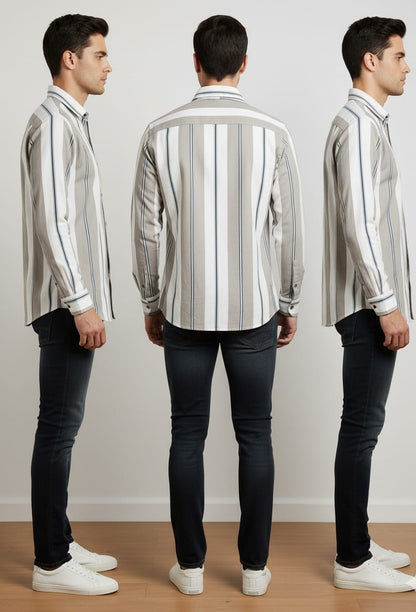 Men's Slim Fit Striped Cotton Shirt – Grey & White Vertical Stripes
