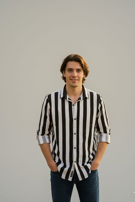 Men’s Black & White Vertical Striped Casual Shirt – Full Sleeves