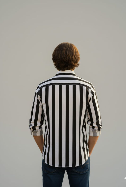 Men’s Black & White Vertical Striped Casual Shirt – Full Sleeves
