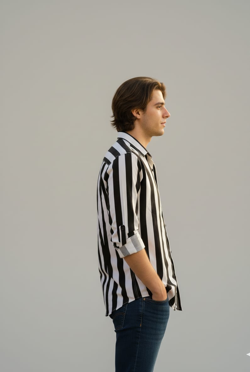 Men’s Black & White Vertical Striped Casual Shirt – Full Sleeves
