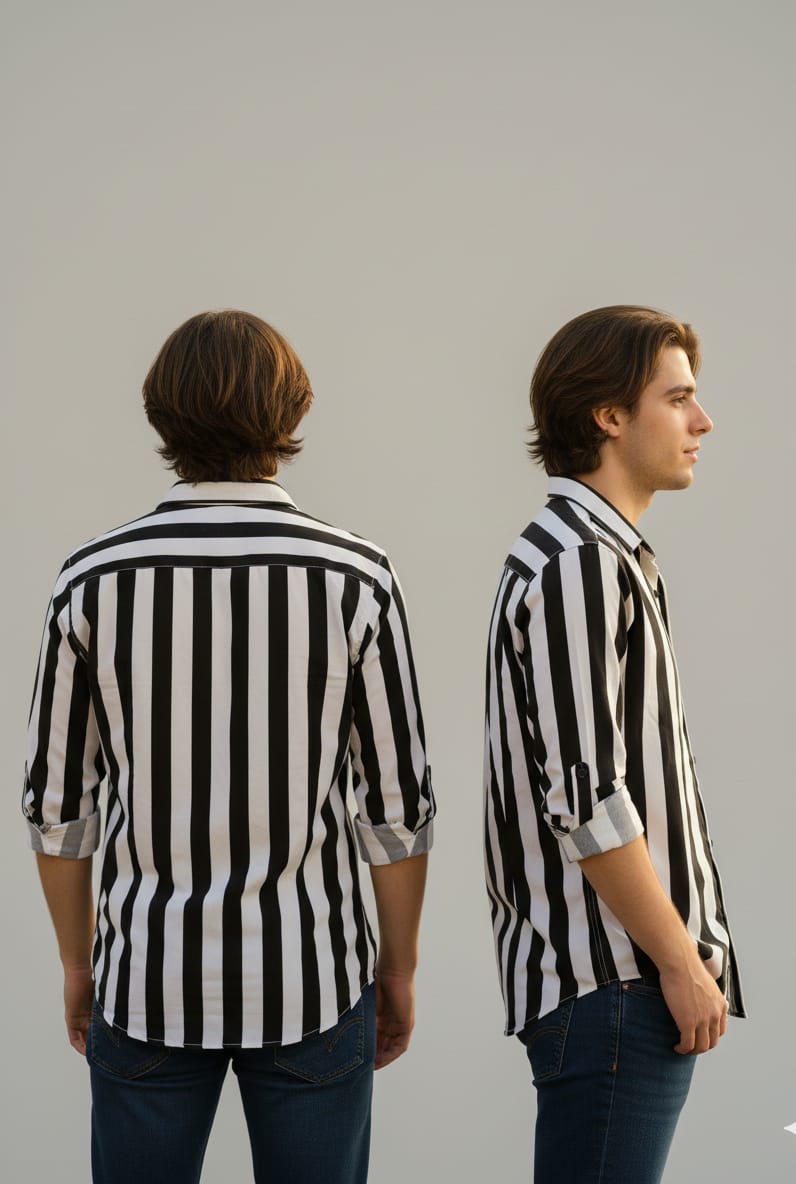 Men’s Black & White Vertical Striped Casual Shirt – Full Sleeves