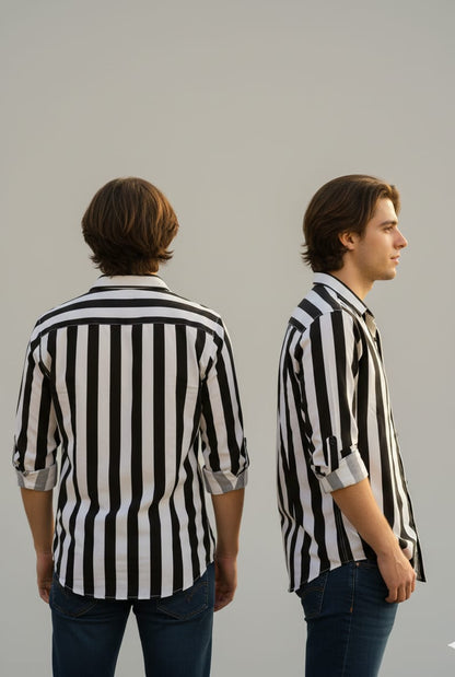 Men’s Black & White Vertical Striped Casual Shirt – Full Sleeves