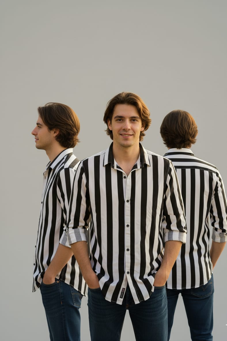 Men’s Black & White Vertical Striped Casual Shirt – Full Sleeves