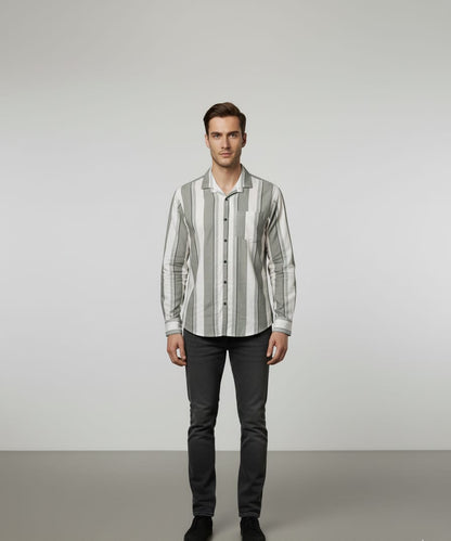 Men’s Stylish Slim Fit Vertical Striped Cotton Shirt – White & Grey