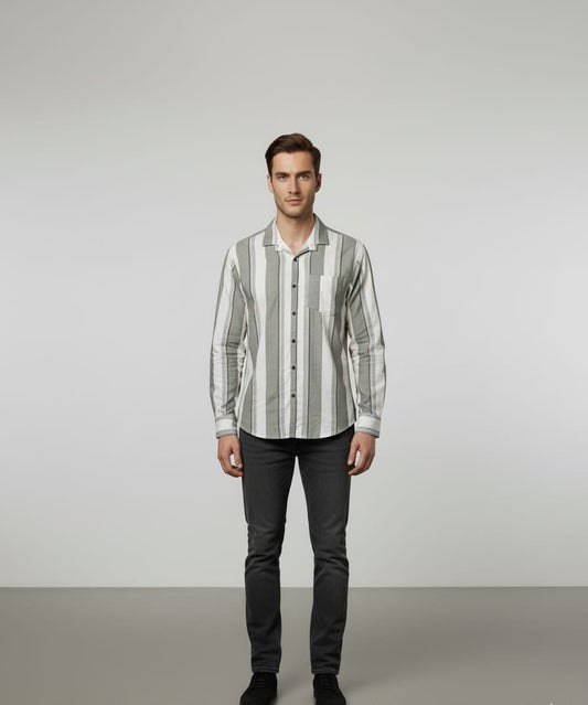 Men’s Stylish Slim Fit Vertical Striped Cotton Shirt – White & Grey