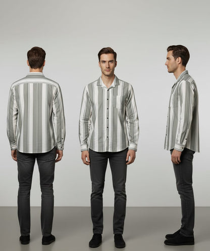 Men’s Stylish Slim Fit Vertical Striped Cotton Shirt – White & Grey