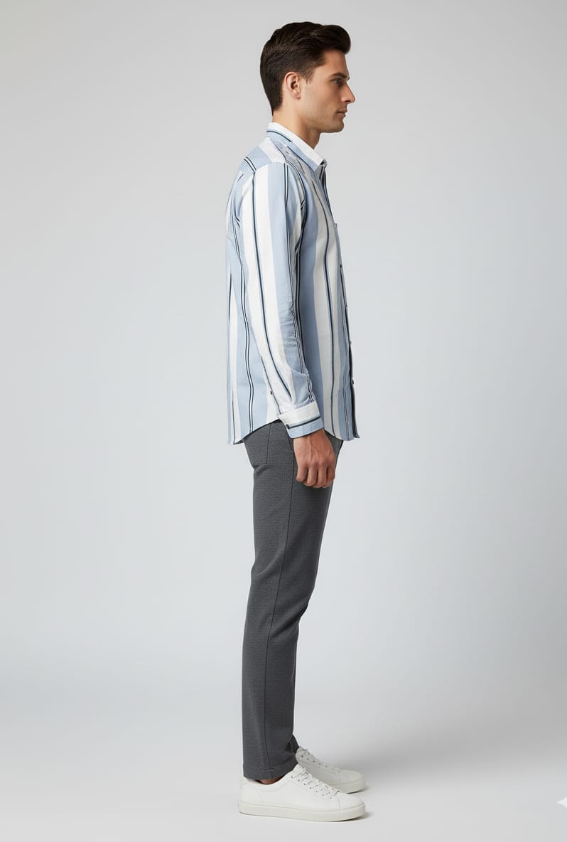 Men’s Stylish Blue & White Vertical Striped Casual Shirt – Full Sleeves